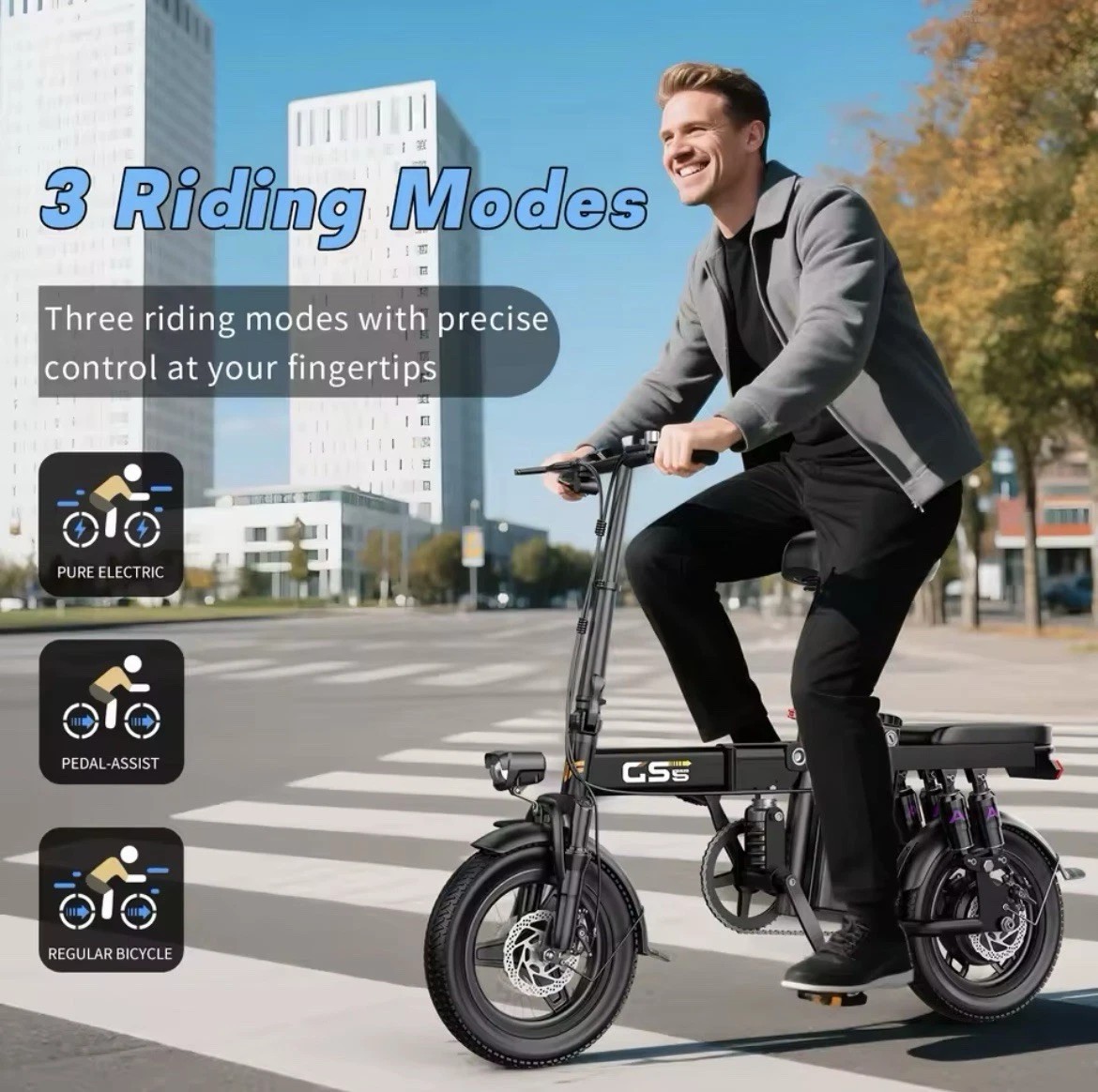 GS5 14 inch Folding Electric Bike for Adults 740W PEAK 48V/15AH 20MPH City Commuter E-bike Lightweight Bicycle