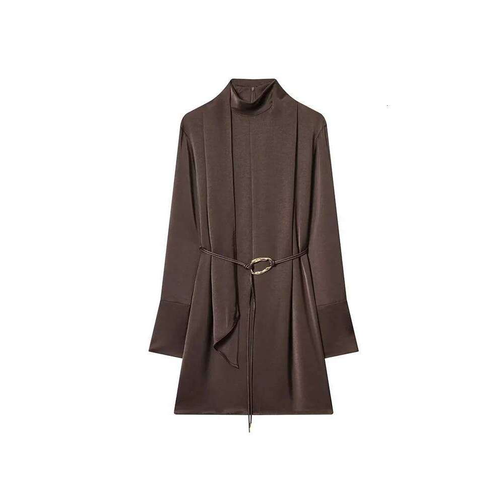 TFMLN New Arrivals Women's Half High Neck Long Sleeve Slim Fit Belt Decoration Temperament Elegant Short Dress XJ260131