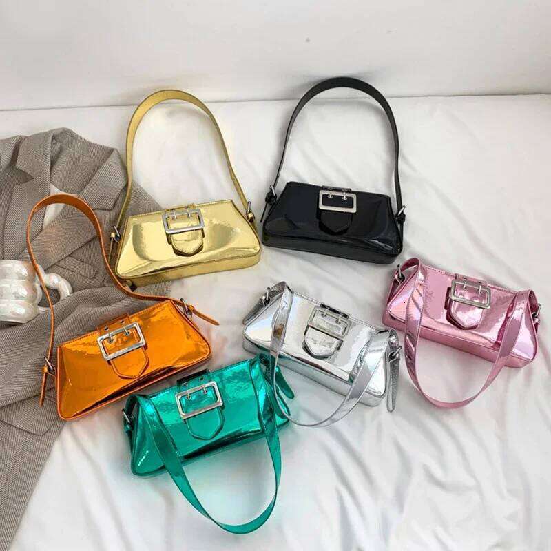 Luxury Design Glossy PU Armpit Party Fashion Handbag Patent Leather Silver Women's Handbags New Shoulder Bag