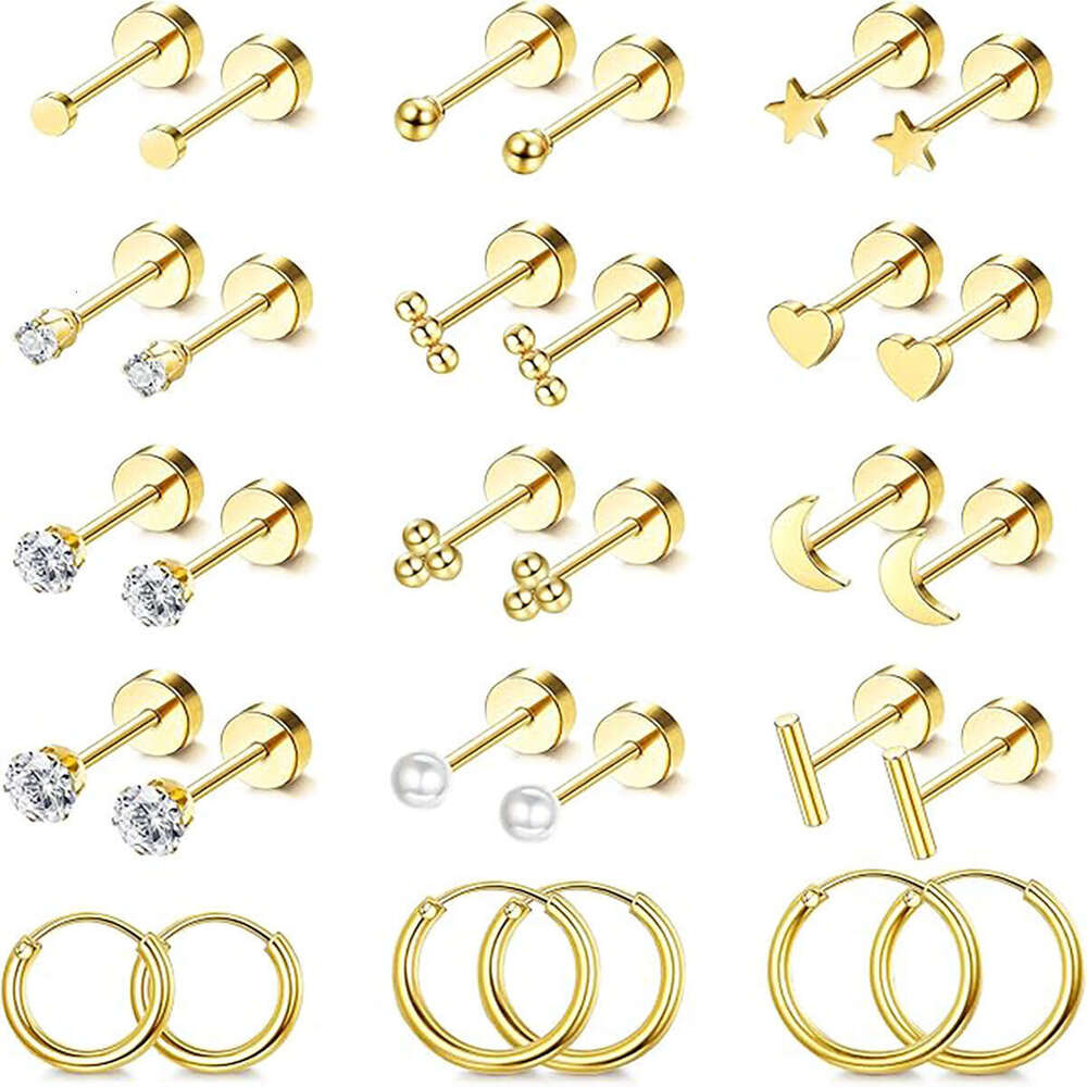 Amazon Hot-Selling 15 Pairs of Simple Stainless Steel Geometric Earrings gold Ear Bone Studs In Stock Direct from Manufacturer