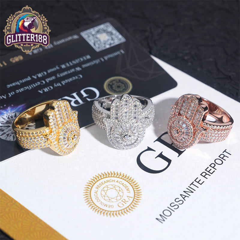 New Arrivals 925 Sterling Silver Iced Out Hamsa Hand Men Hip Hop VVS Moissanite Diamond Rings