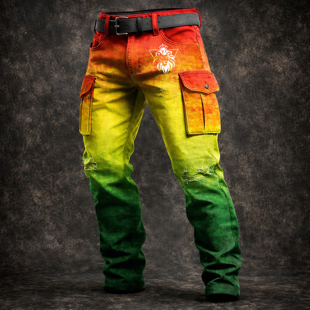 Men's Punk Rock Denim Cargo Pants, Vintage Print & Distressed Workwear Style, Relaxed Straight Leg Jeans