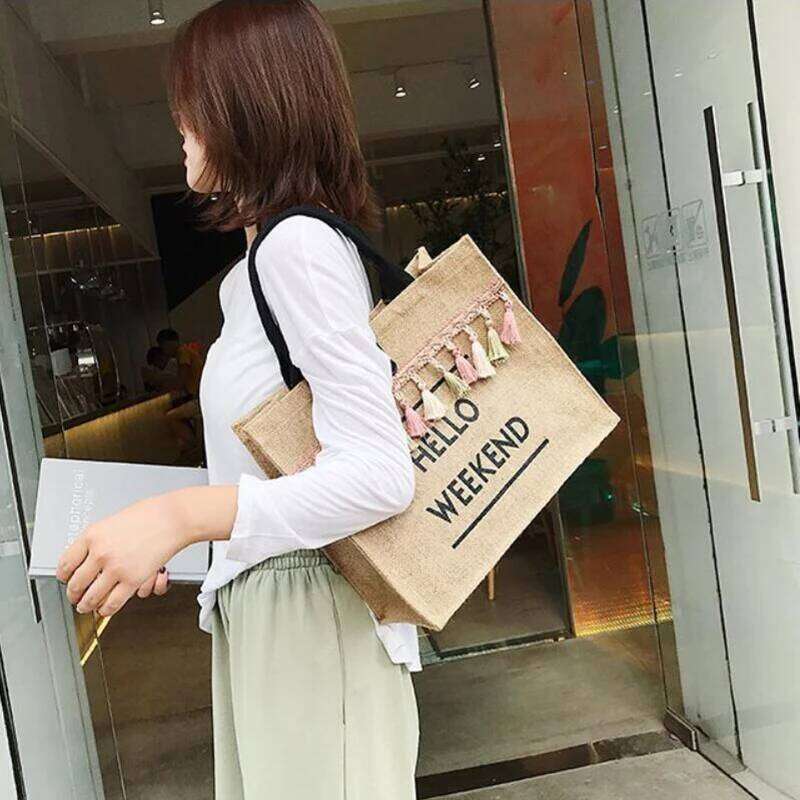Canvas Handbag Women Large Capacity Tassel Shoulder Simple letter Top-handle Linen Lady Tote Shopping Weekend Bag Bolso XJ260130