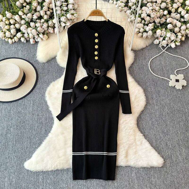 YuooMuoo Chic Fashion Autumn Winter Sleeve Knitted Bodycon Women Elegant Sash Bandage Long Sweater Dress Vestidos XJ260131
