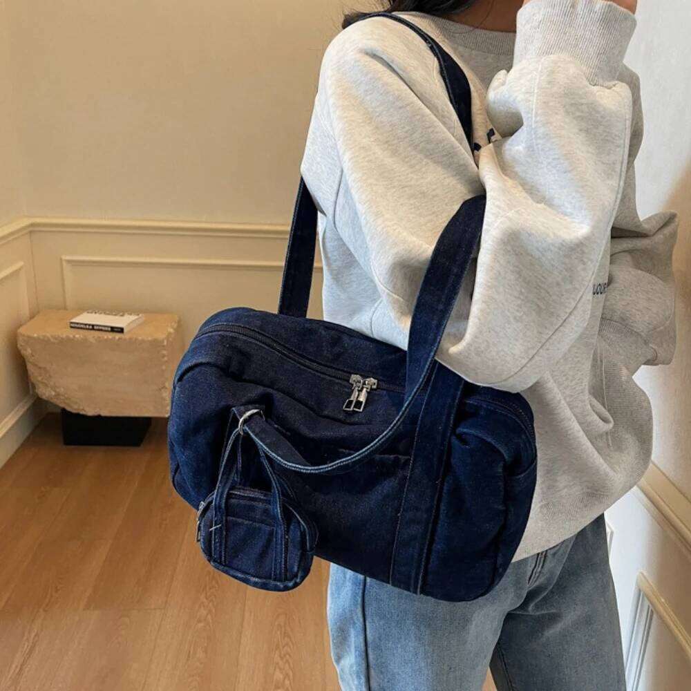 Large Capaci Denim Shoulder Women's Casual Sle Pillow Commuter Handbag Tote balos Soft Fabric Zipper Closure