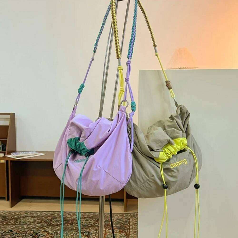 Contrast Color Letter Crossbody Large Capacity Nylon Drawstring Girl Women Handbags 2025 Casual Lightweight Shoulder Bag