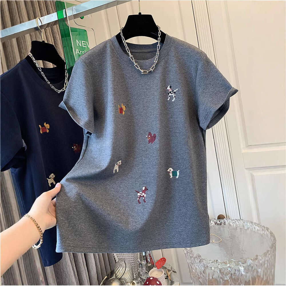European Goods 150Kg Extra Large Embroidered Cartoon Brushed Cotton Short Sleeve T-Shirt Base Shirt For Women Spring And Autumn Loose Versatile Top