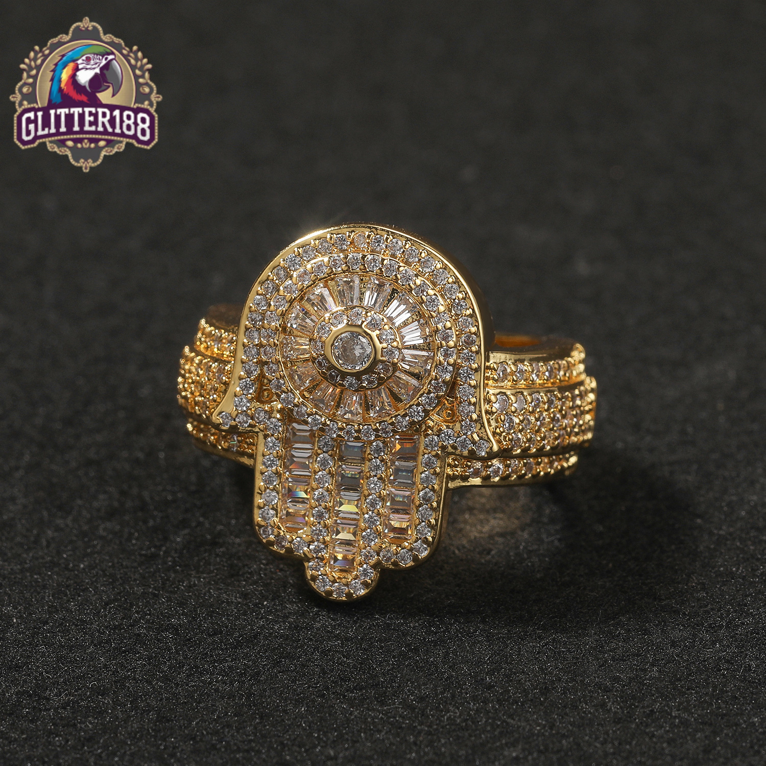 Rhodium Plated Hand Shape silver vvs moissanite Ring Iced Out Baguette vvs moissanite Hand of Fatima Ring for Mens Vintage Hip Hop Jewelry