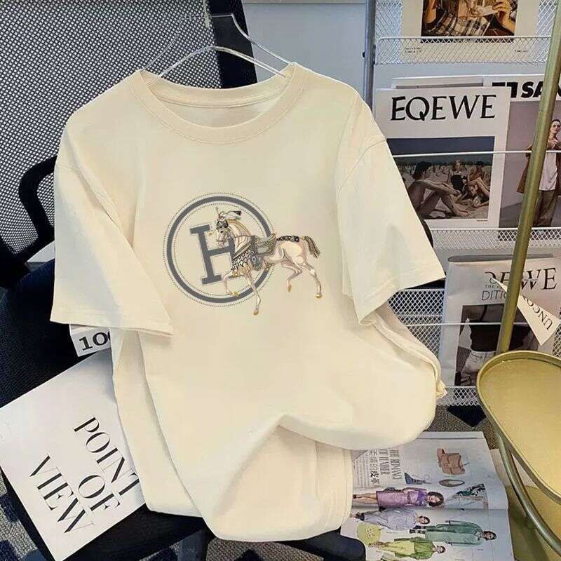 2024 Summer New Cotton Large Version Butt-Covering Short Sleeve T-Shirt For Women Printed Pure Desire Style Versatile Top Ins