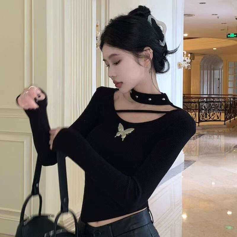 Irregular Bowknot U-Neck Long Sleeve T-Shirt For Women, Spring, Autumn, Winter, High-End, Pure Desire, Slim Fit, Regular Shoulder, Base Shirt, Top