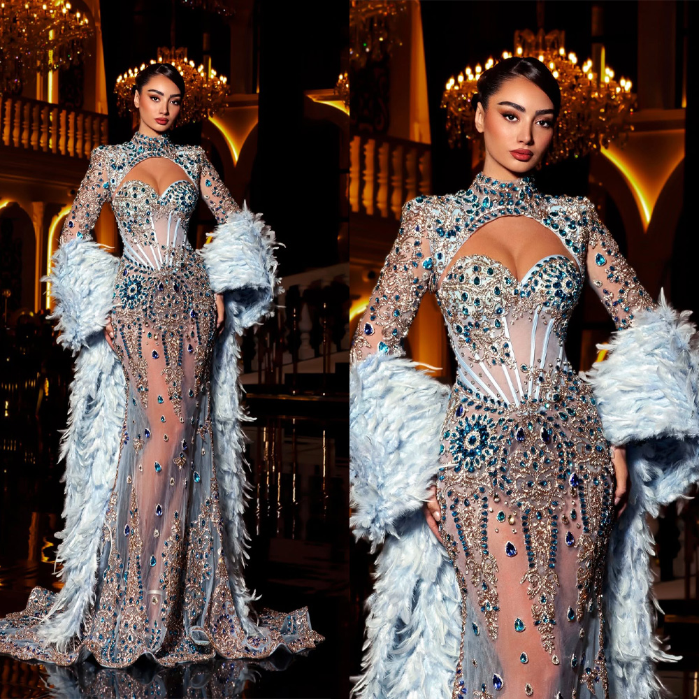 Luxury Evening Dresses Crystal Beading Strapless Prom Dress Jacket Feather Shawl See Through Mermaid Party Gowns Vestidos De Noche Plus Size