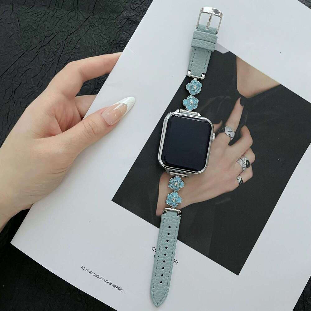 Camellia Diamond Denim Leather Apple Watch Band Fashion Strap for iWatch Series 1-10 Ultra SE
