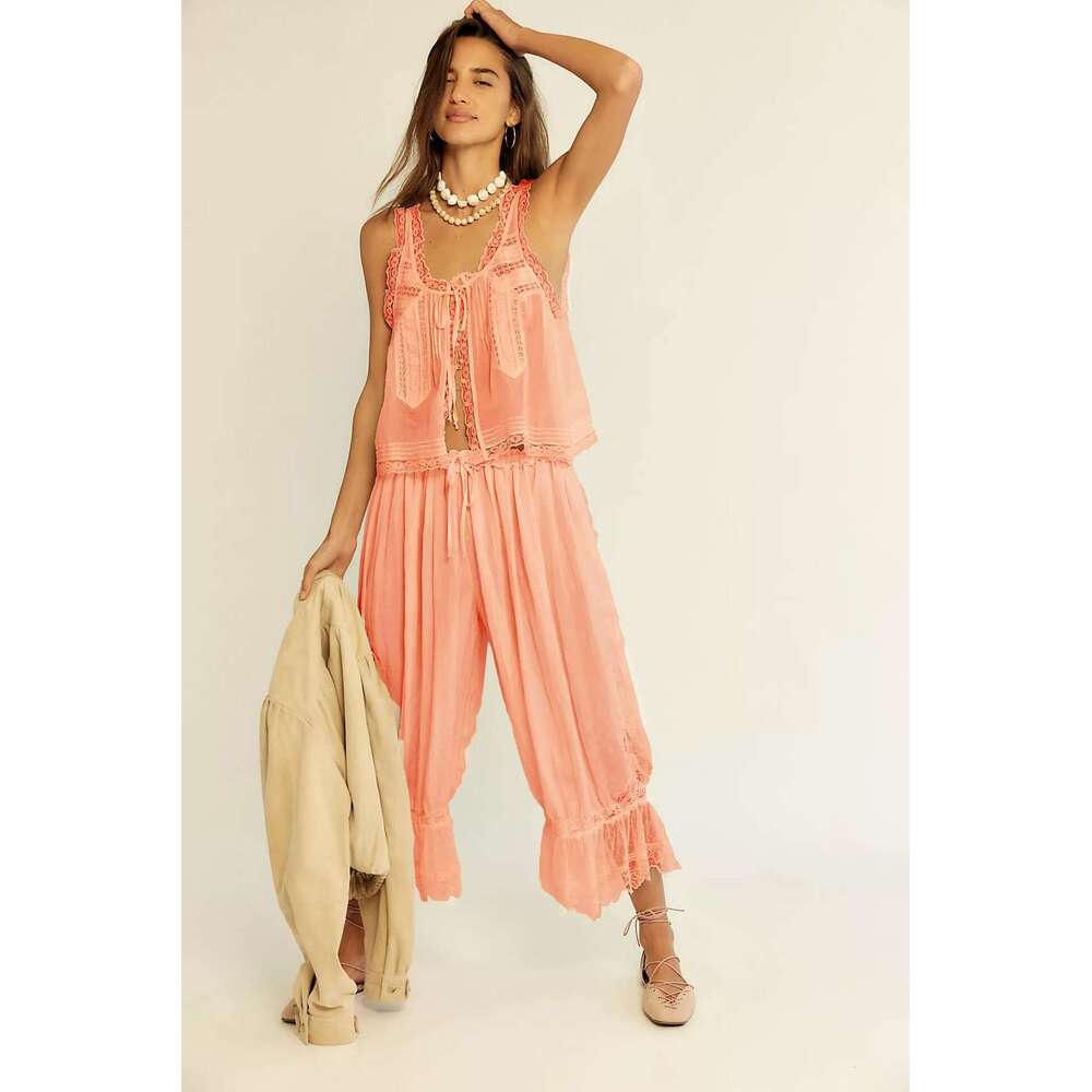 European and American Cross-Border 101.3kg Piece Women's Outfit Nine-Point Pants with Lace Trim Vest Y2K Casual Set