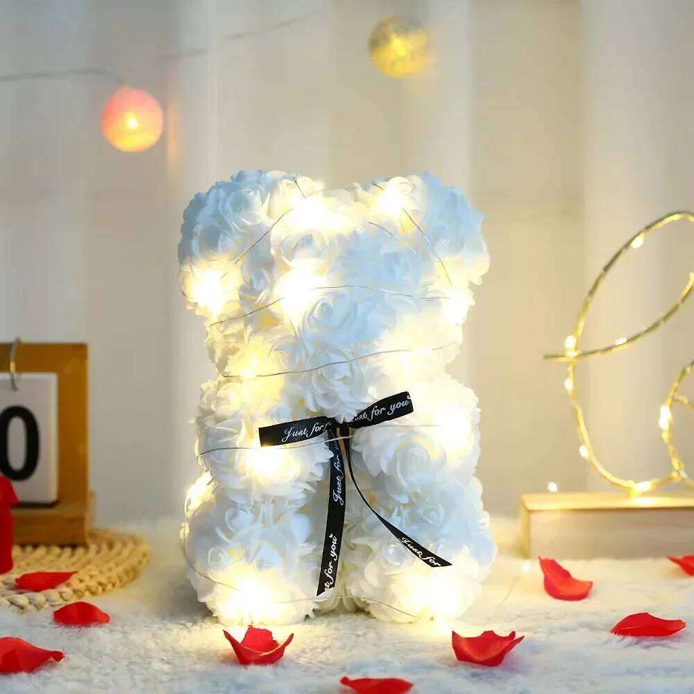 25CM Artificial Teddy Rose Flower Bear with Box Romantic Valentines Day Gift Girlfriend Women Anniversary Wedding Party Supplies Y260131
