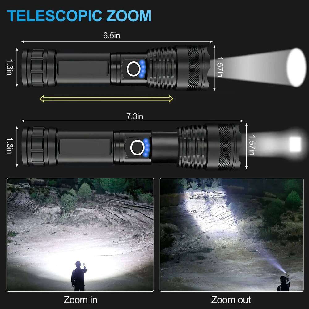 Super Bright Flashlight With Power Display 5 Light Modes Portable Telescopic Zoom Rechargeable Torch IP46 Waterproof For Outdoor H260131