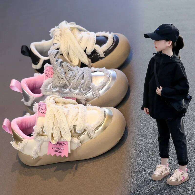 Girls Autumn Winter Fashion PU Leather Warm Cotton Lace Up Soft Sole Kids Sneakers Versatile Non-slip Skate Shoes Y260128