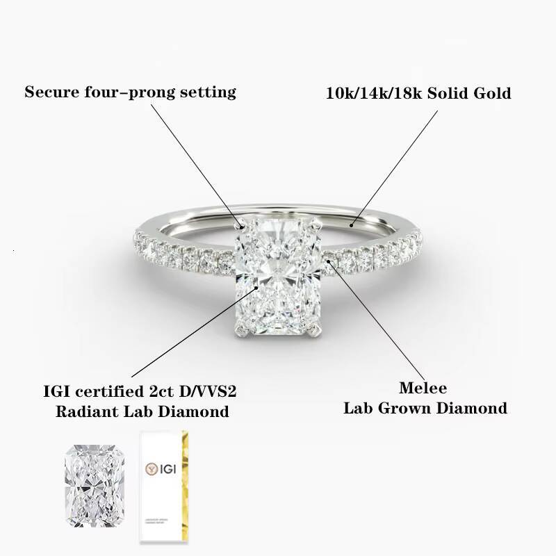 Starsgem Diamond Ring IGI Certified Radiant Cut 2ct Size Solid Gold 10k 14k Lab Grown Diamond Engagement Ring