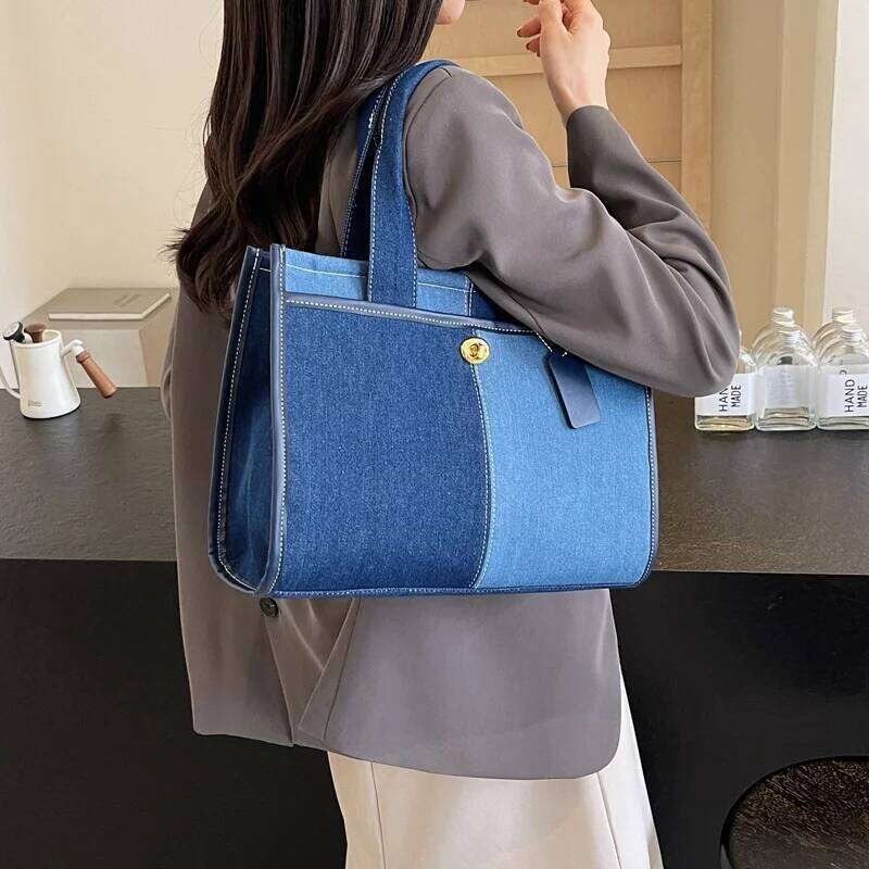 Denim Handbag Female 2026 New Fashion Color Collision Splicing Single Shoulder Crossbody Commuter Casual Tote Bags XJ260131