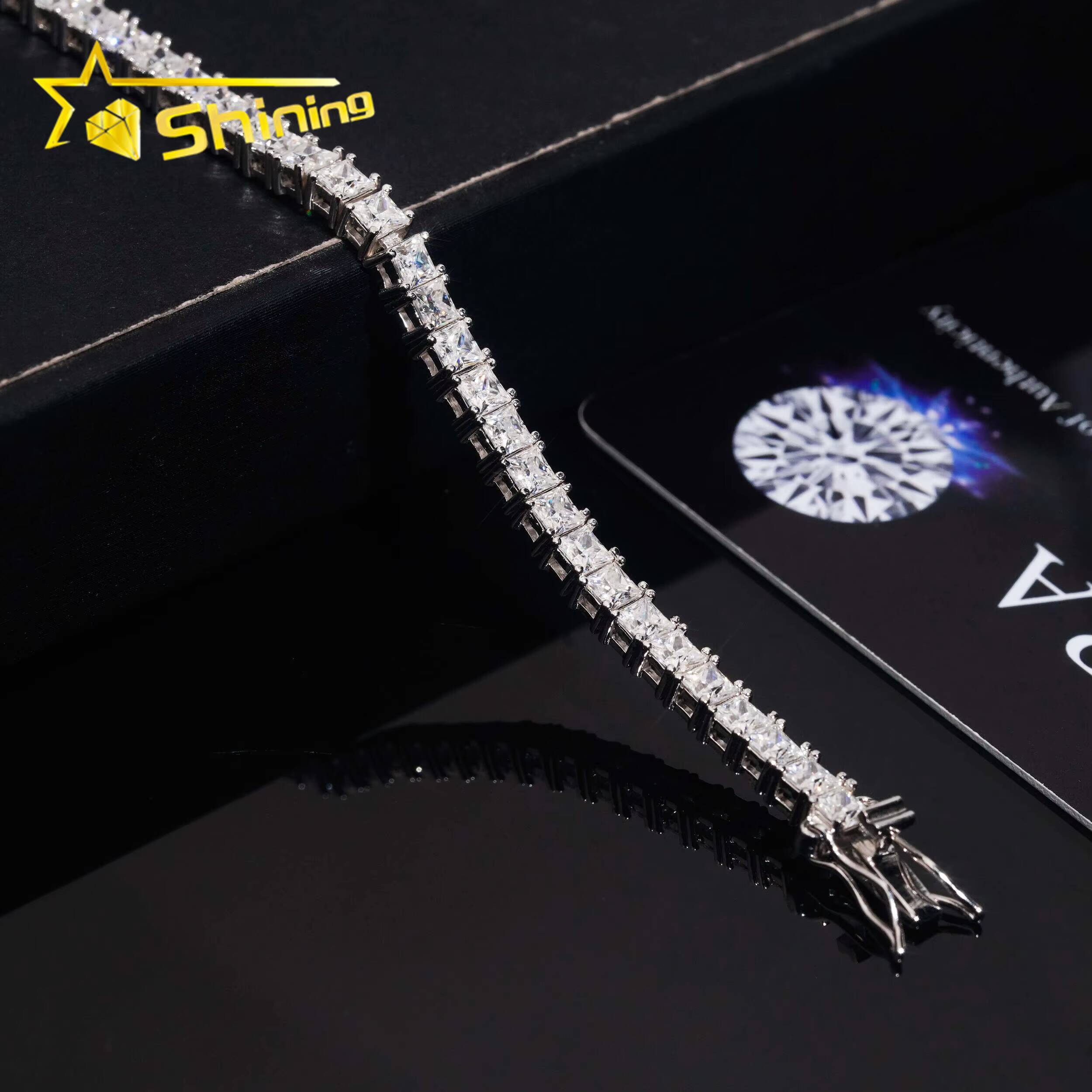 Classic Style Solid Silver 925 Hip Hop Jewelry Cuban Link Bracelet Iced Out Princess Cut 3mm Real Moissanite Tennis Bracelet