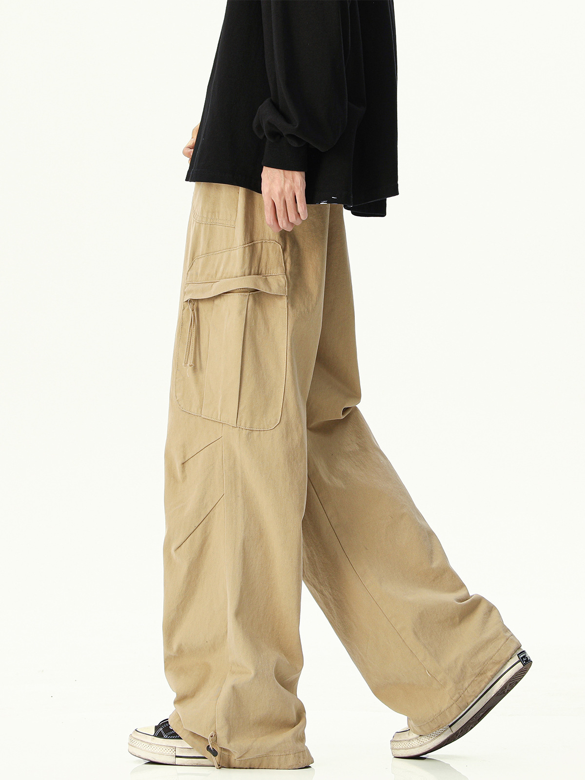 Men's Maillard Hue Cargo Pants, Hip-Hop Parachute Style Wide Leg Trousers, High Street Vintage Utility Wear - view 3