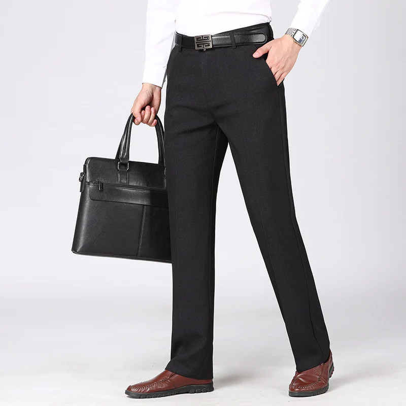 Mens Simple High Quality Casual Formal Straight Pants Plus Size Autumn Winter Thickend Male Gray Black Suit Trousers 260120