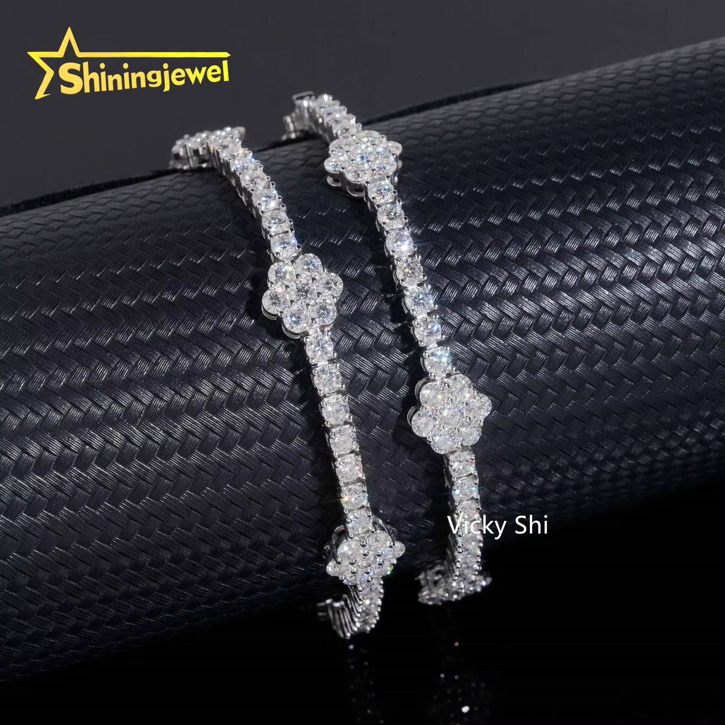 3mm Flower Moissanite Tennis Chain Hip Hop Bracelet 925 Moissanite Tennis Bracelet Women Jewelry Gift Idea for Girl