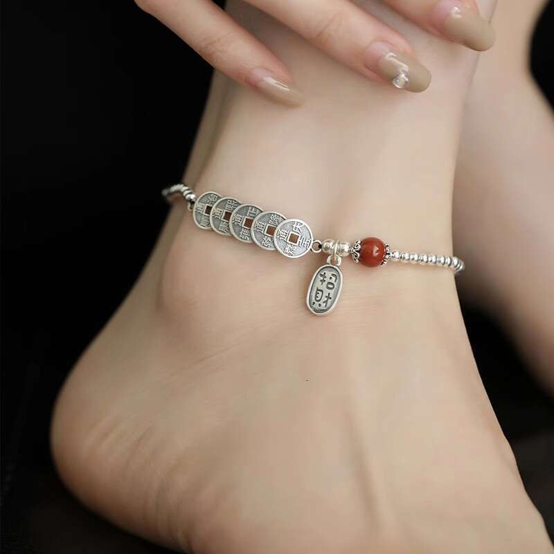 Vintage Wealth-Attracting Five Emperor Copper Coin for Women, Adjustable New Chinese National Ethnic Style Niche Temperament Anklet