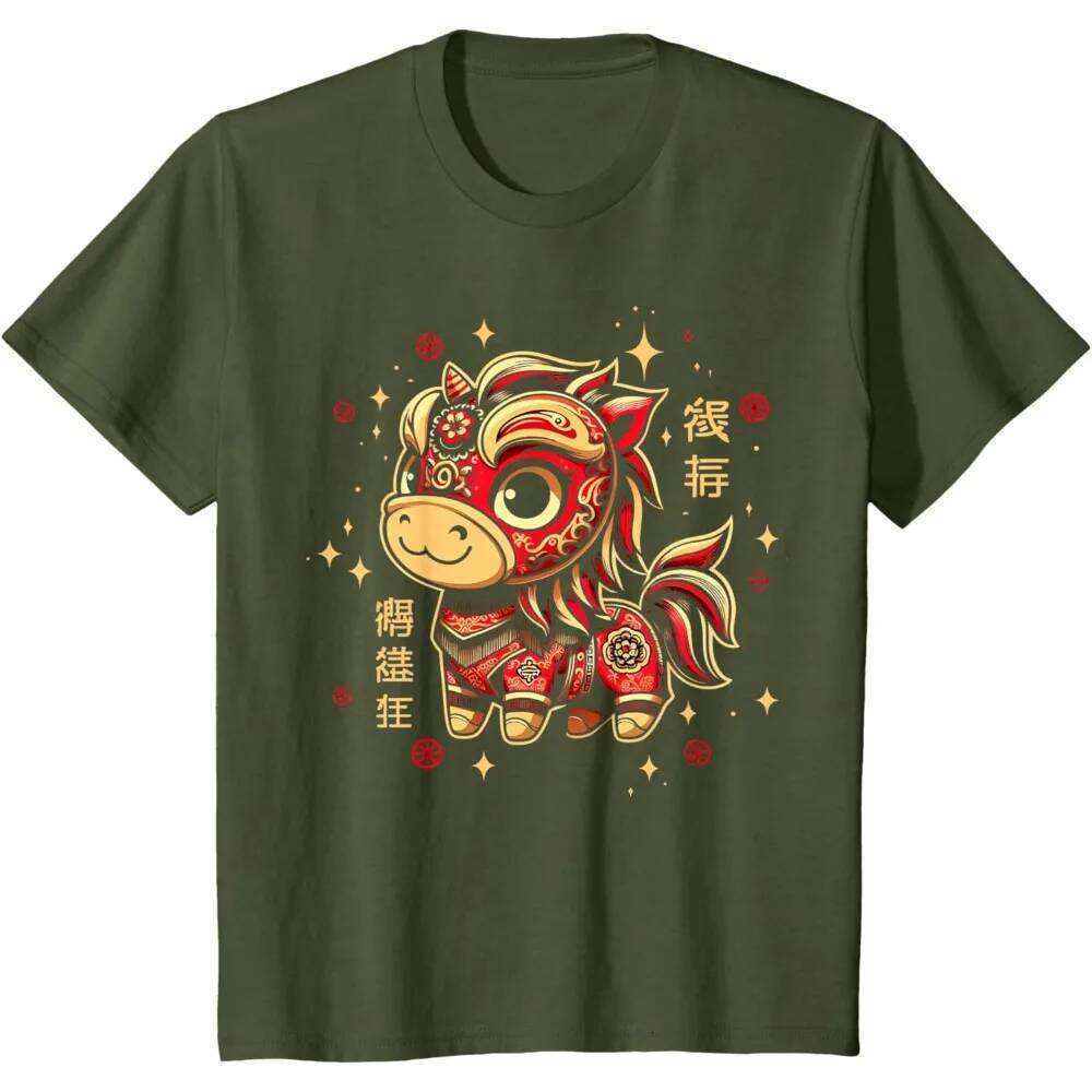 Lion Dance of The Chinese New Year Zodiac T-Shirt Men Cute Cartoonish Red Horse Graphic Clothes C260131