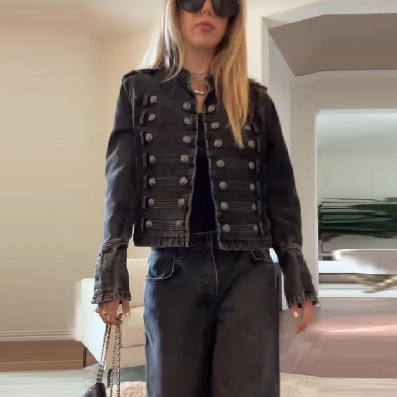 Fashion Punk Denim Jacket Multiple buttons O Neck Long Sleeve Stand Collar Solid Short Jean Outwears 2025 Autumn Lady StreetWear 260120