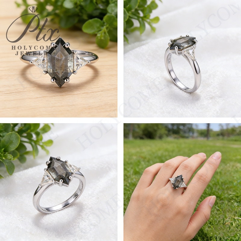 Elongated Hexagon Cut D Color Gray Moissanite Diamond Engagement 925 Sterling Silver Rings for Women Jewelry Wholesale