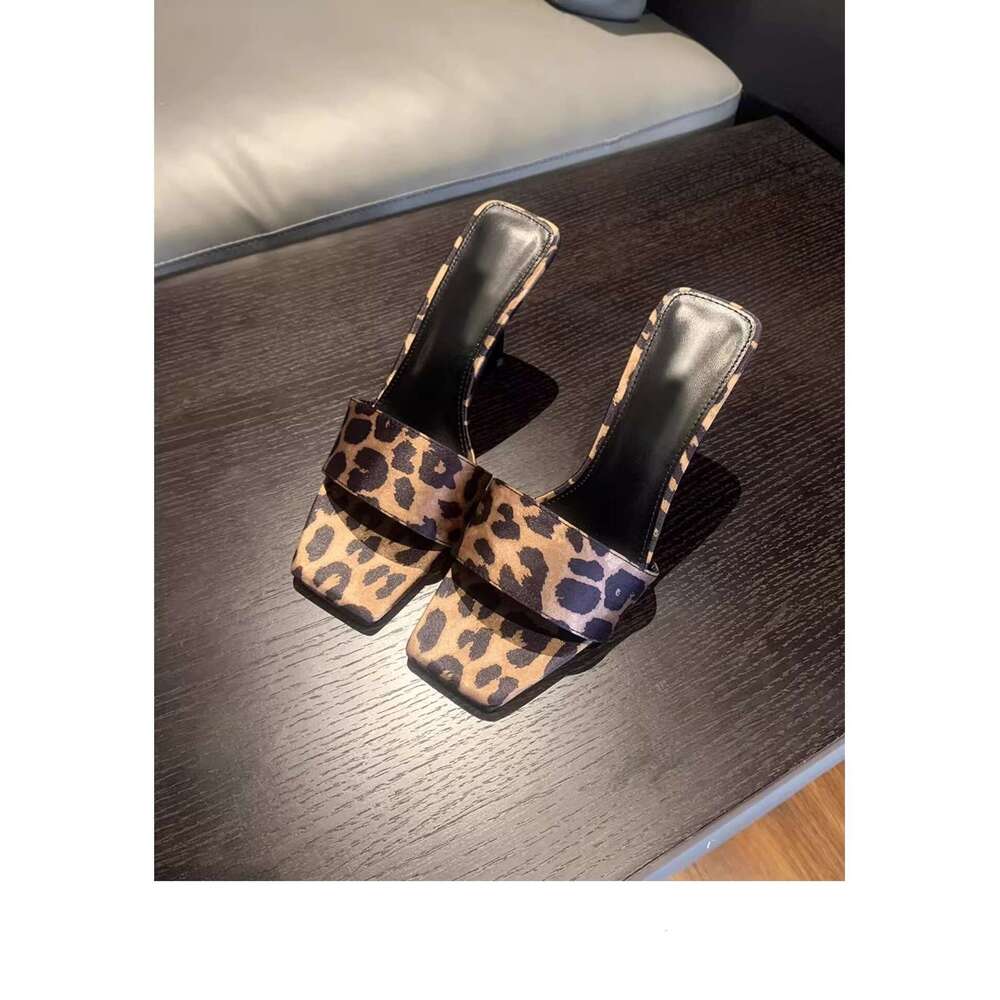 2026 New Satin Leopard Print One-Strap Sandals for Women Sexy High Heels Square peep Toe Elegant Design Shoe Slippers