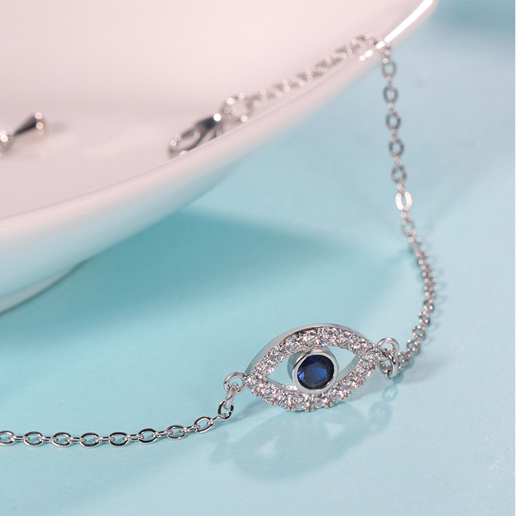Boho Blue Zircon Evil Eye Pendant Bracelet for Women 18K White Gold Plated Elegant Good Luck CZ Crystal Eye Hand Chain Delicate Diamond Bracelet Weddi