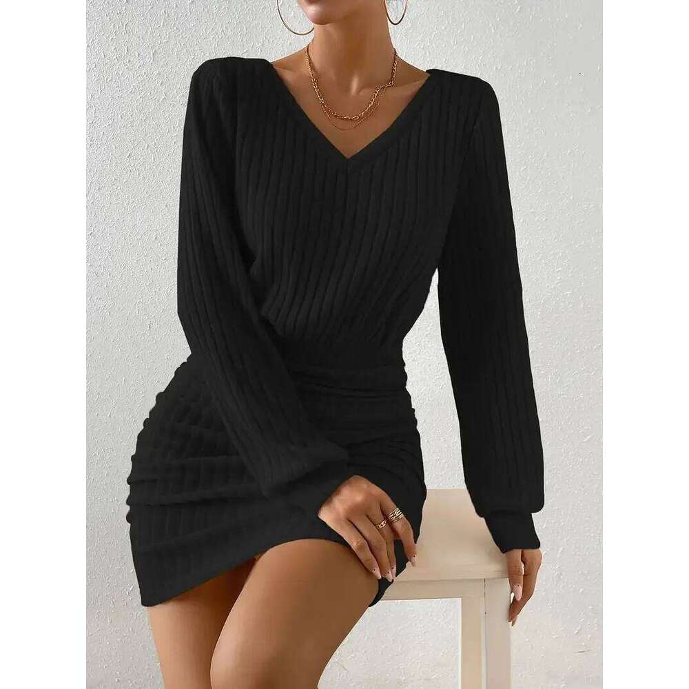 Womens 2025 Fall Winter Ribbed Knit Sweater Casual Long Sleeve Sexy V Neck Bodycon Mini Dress XJ260131