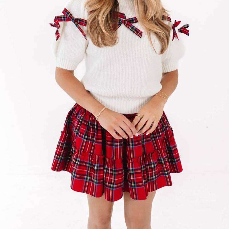 Womens Christmas Plaid Print Mini Skirt Y2k Smocked Elastic High Waist Layered Ruffle Swing Flowy A-line Short Skirts XJ260131