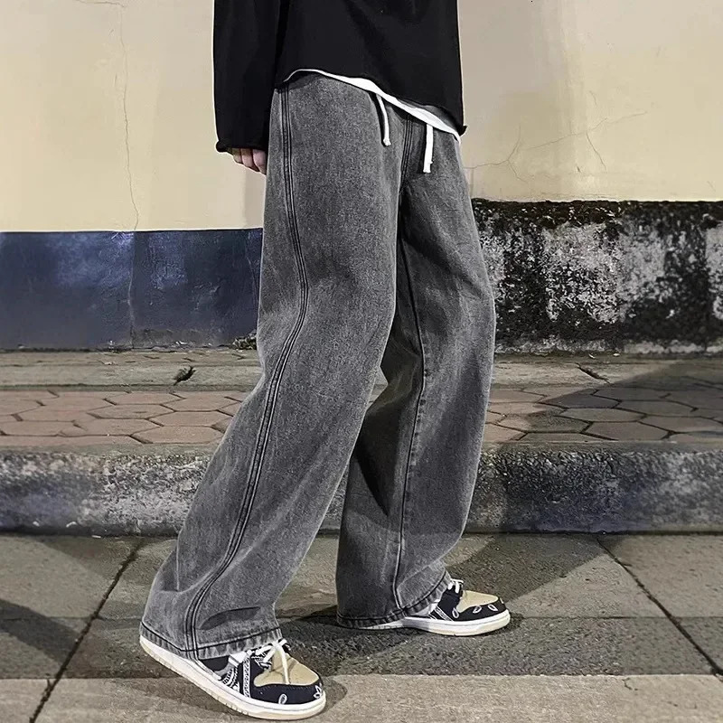 Streetwear Loose Jeans Men Korean Style Fashion Loose Straight Wide Leg Pants Mens Clothing Black Light Blue 260122
