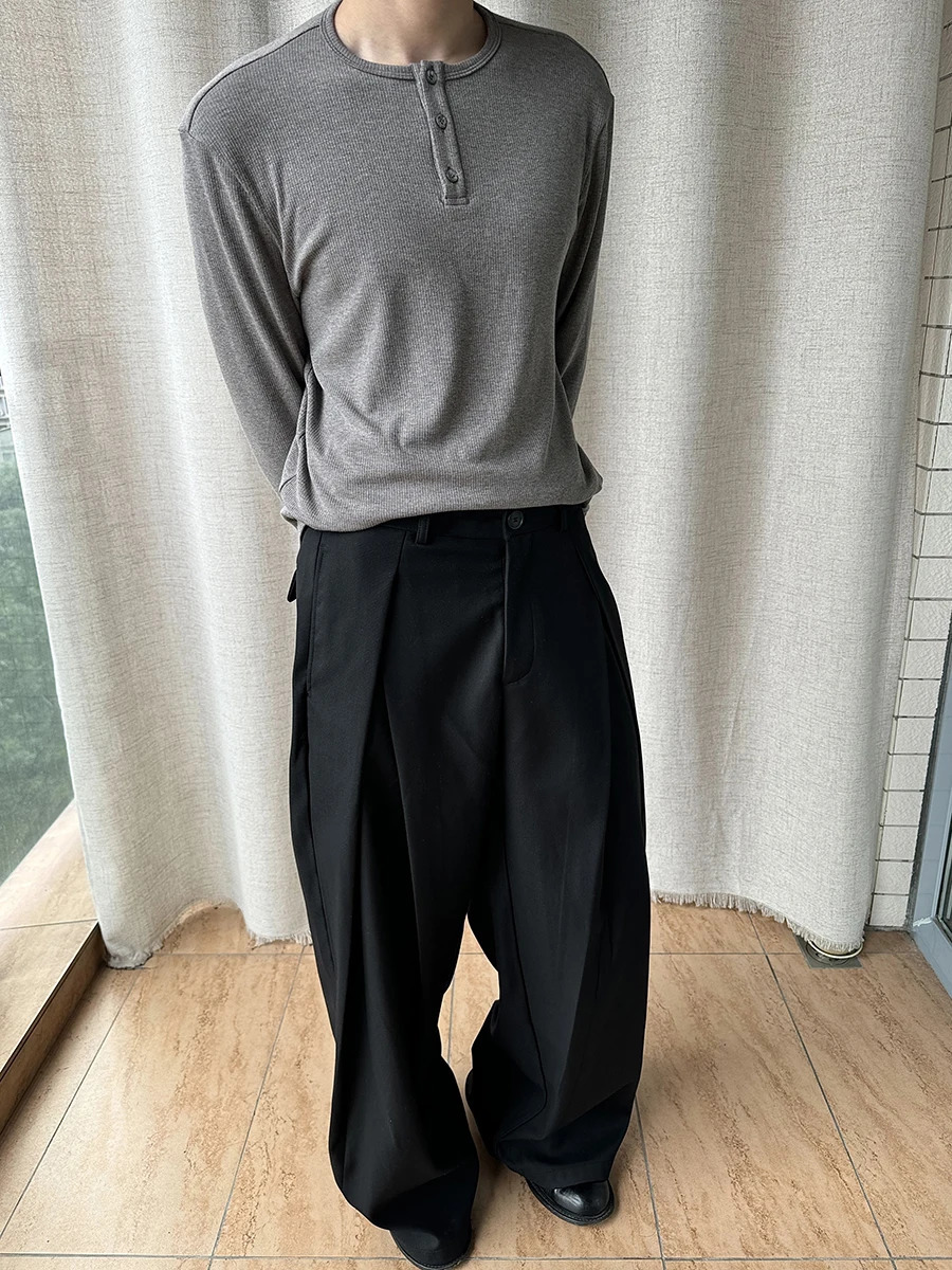 ReddaChic Office Work Black Dress Pants Casual Plain Cleanfit Pleated Wide Leg Low Waist Suit Trousers Minimalist Men Clothes 260120