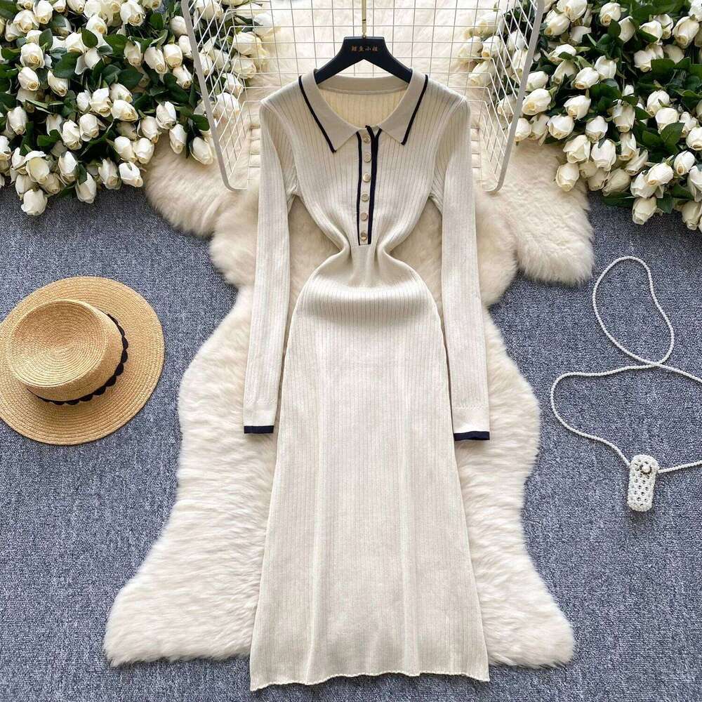 YuooMuoo 2025 Autumn Winter Women Knitted Long Vintage Turn-down Collar Buttons Ribbed Shirt Sweater Dress Lady Vestidos XJ260131