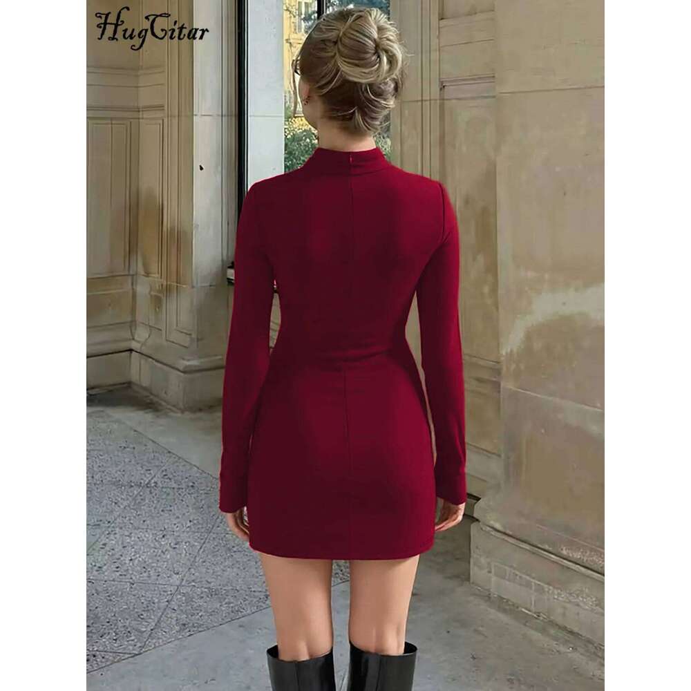 Hugcitar Elegant Turleneck Long Sleeve Ruched Sexy Bodycon Mini Dress Autumn Women Clothes Streetwear Party Festival XJ260131