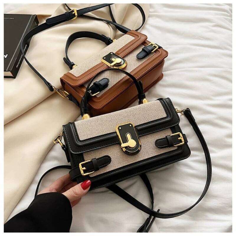 Fashion Colorblocking Design Women's Hundred Handbag Small Square Shoulder Bag Retro Leisure Crossbody PU Material