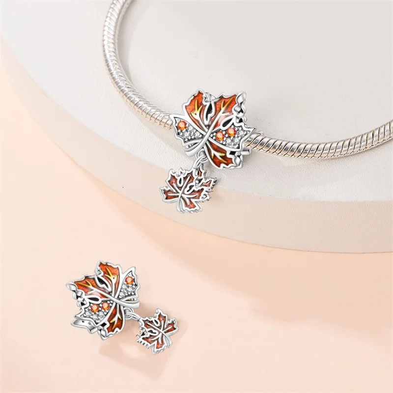 925 Sterling Silver Golden Autumn Series Charms Beads Scarecrow Pumpkin Maple Leaf Charms For Women Fine DIY Jewelry 260124