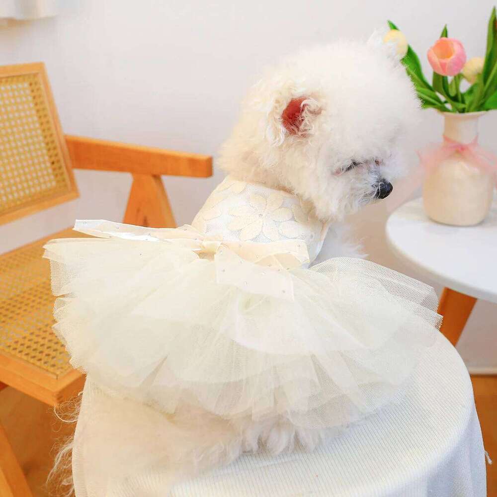 Pet Dog Clothes Summer Haute Couture Wedding Princess Dress Beige Puff Gauze Skirt H260129