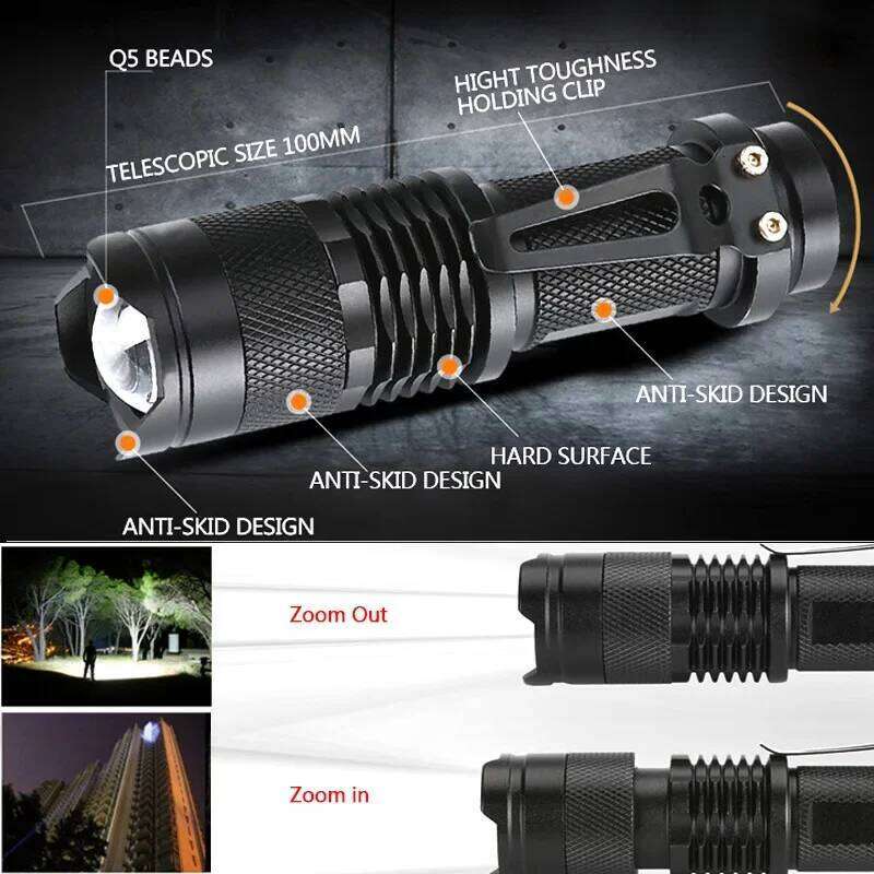Portable Mini LED Flashlight 8000LM Q5/T-6/L2 Torch Zoomable Linterna Fishing Camping Bicycle Light 14500/18650 Defesa Pessoal H260131