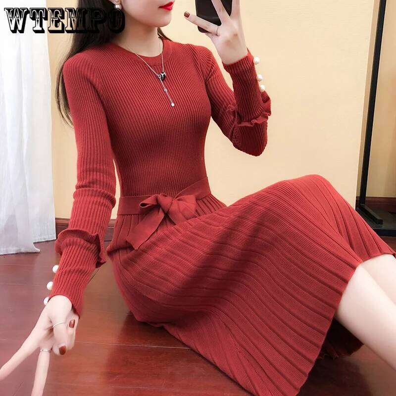 WTEMPO Korean Fashion Slim Crew Neck Sweater Dress Women Elegant Belted Sleeve Pleated Knitted Long Dresses XJ260131