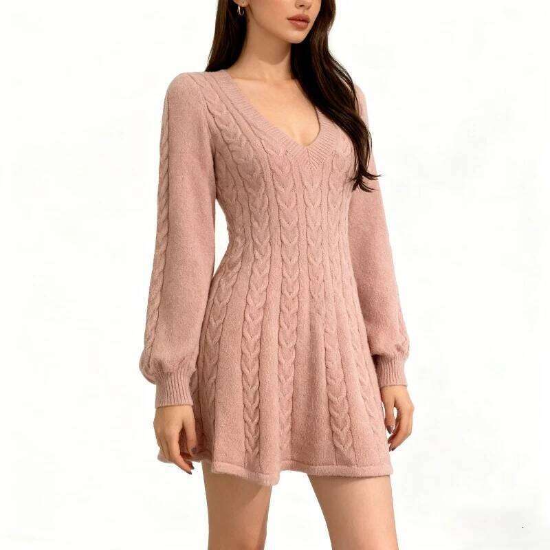 Women's Slim Fit Fashion V-neck Waist Cinched A-line Skirt Long Sleeved Pit Stripe Dress French Chic Knitted Dresses XJ260131