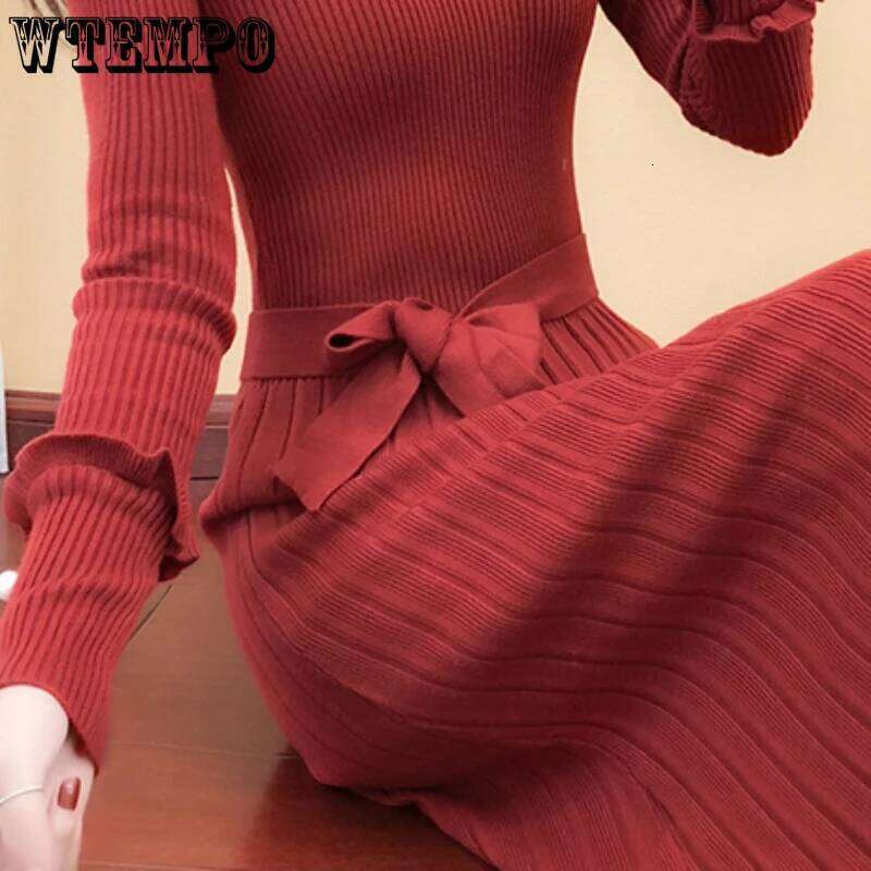 WTEMPO Korean Fashion Slim Crew Neck Sweater Dress Women Elegant Belted Sleeve Pleated Knitted Long Dresses XJ260131
