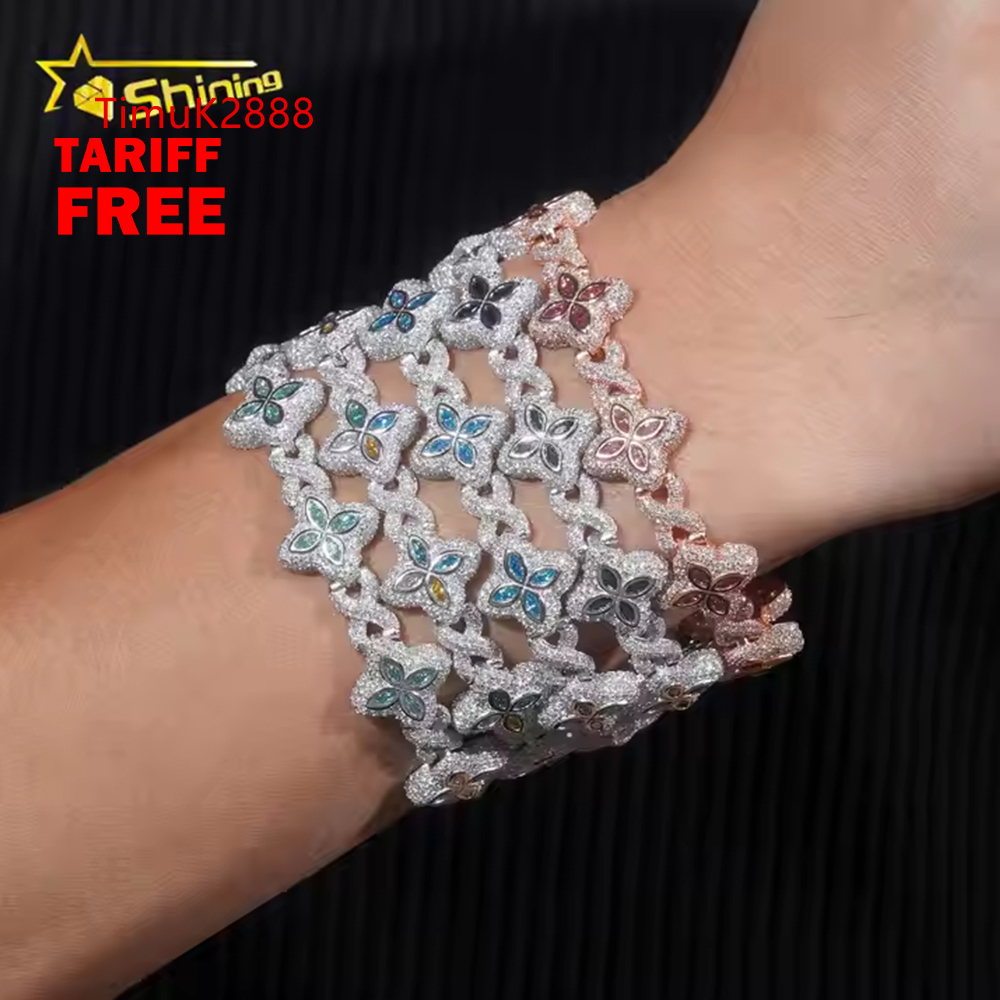 New Design Iced Out Colors Moissanite Cuban Link Chain Sterling Silver 925 Moissanite 15mm Bracelets Hip Hop Mens Jewelry