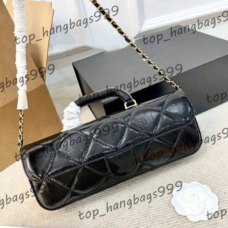 26k Luxury Black Handbag Baguette Designer Ladys Shoulder Bag Shiny Oil Wax Leather Checkered Pattern Purse Gold Matelasse Chain Crossbody Cosmetic Sacoche 19/31cm