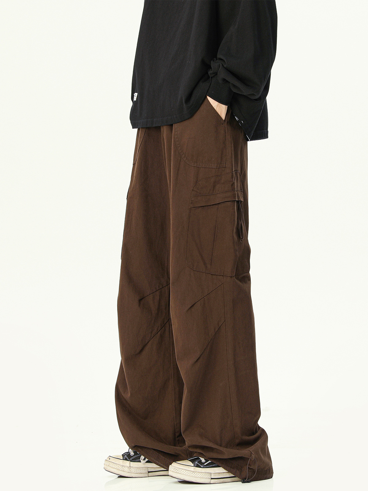 Men's Maillard Hue Cargo Pants, Hip-Hop Parachute Style Wide Leg Trousers, High Street Vintage Utility Wear - view 5
