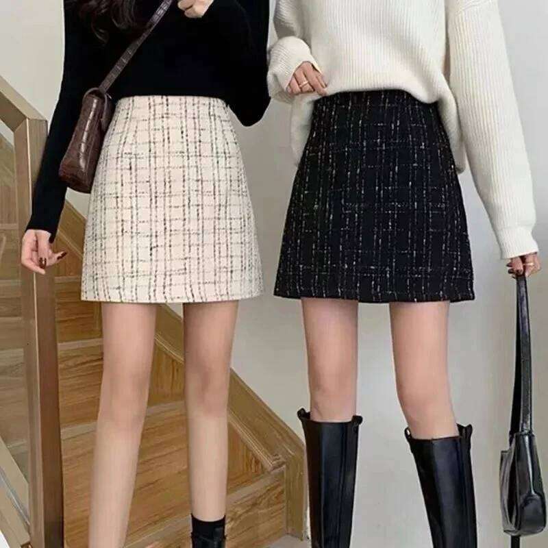 Women High Waist Plaid Tweed Skirt Autumn Winter Thick Woolen Short Woman Korean Fashion Slim Fit A-Line Skirts Ladies XJ260131