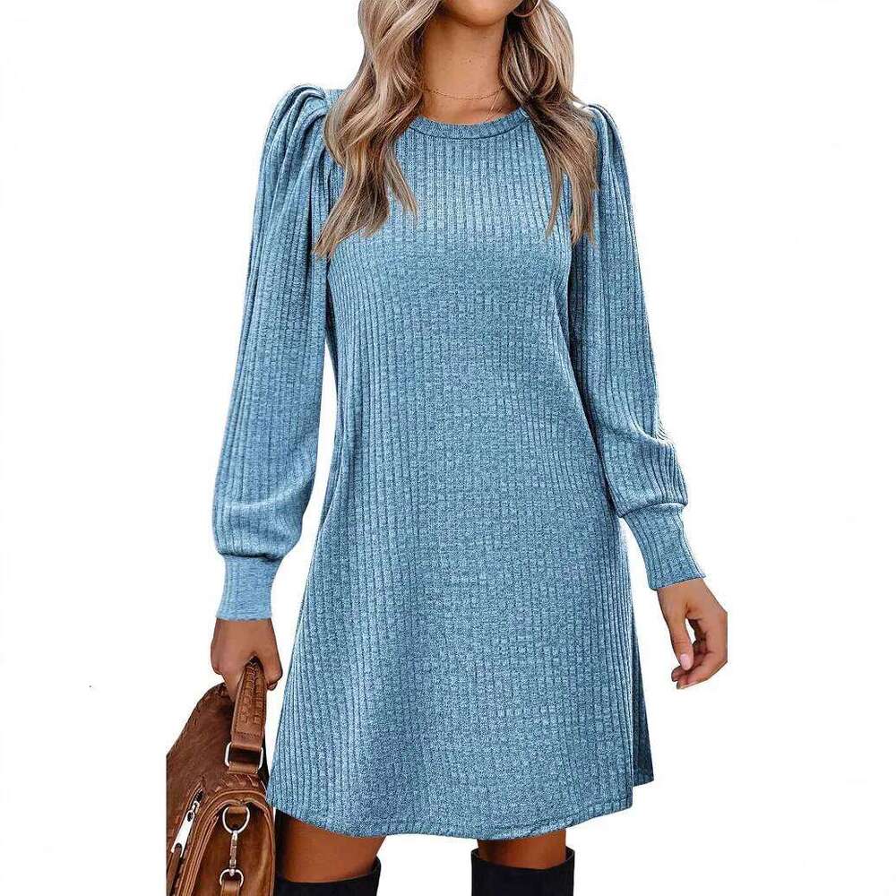 Y2K autumn and winter women's crew neck solid color sweater bubble sleeve fashion commuter comfortable casual loose dress XJ260131